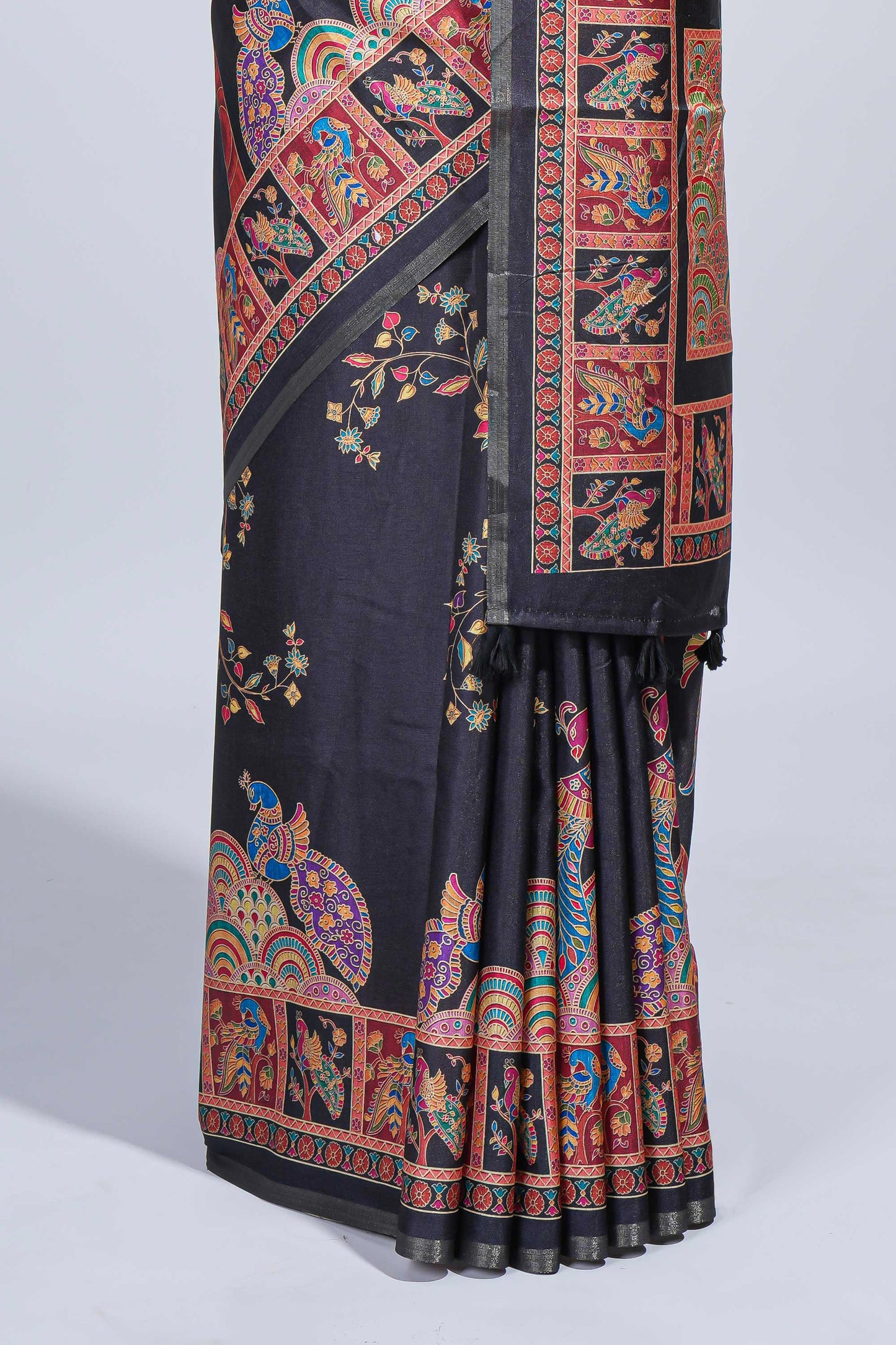 Black madhubani style floral & peacock design tussar saree with self border and matching blouse