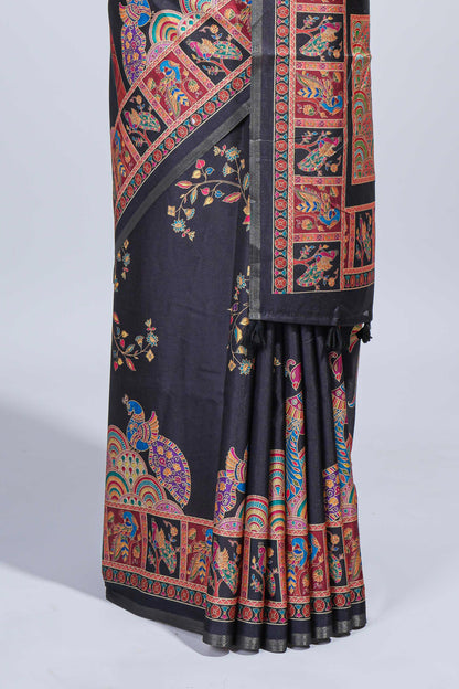 Black madhubani style floral & peacock design tussar saree with self border and matching blouse