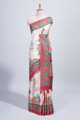 Cream madhubani style floral & peacock design tussar saree with self border and matching blouse