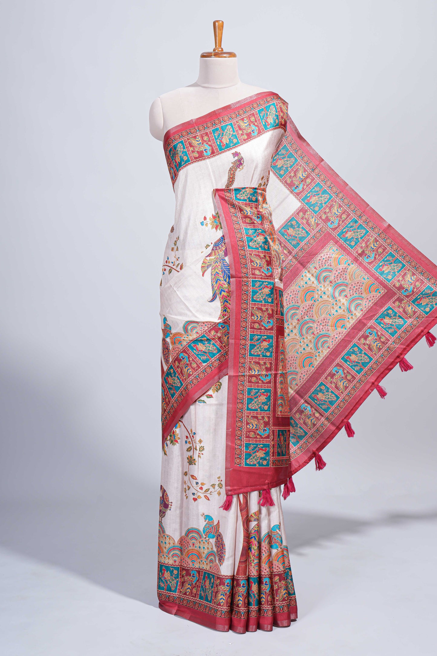 Cream madhubani style floral & peacock design tussar saree with self border and matching blouse