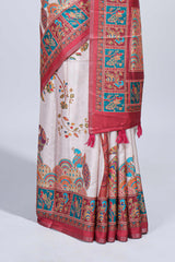 Cream madhubani style floral & peacock design tussar saree with self border and matching blouse