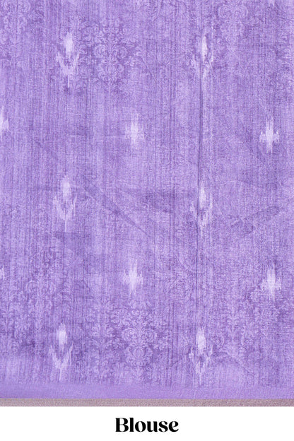 Lavender kalamkari style pattachitra storytelling motifs tussar saree with self border and matching blouse