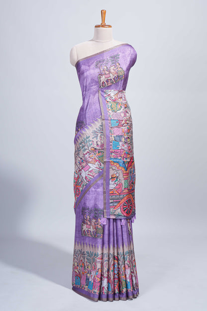 Lavender kalamkari style pattachitra storytelling motifs tussar saree with self border and matching blouse