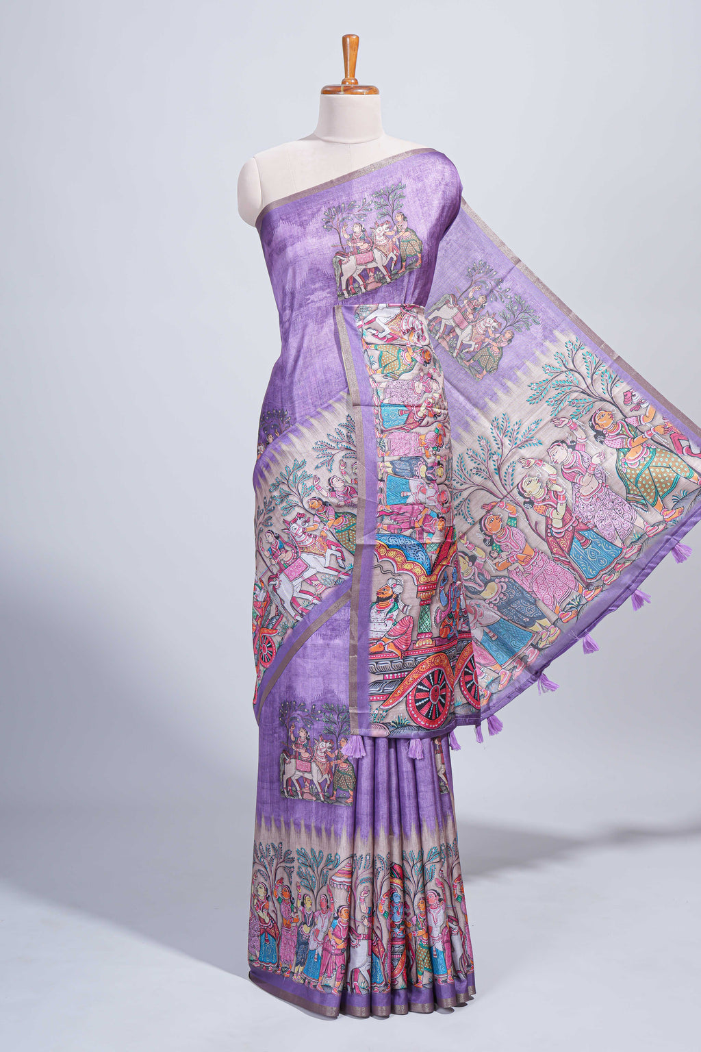 Lavender kalamkari style pattachitra storytelling motifs tussar saree with self border and matching blouse