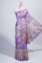 Lavender kalamkari style pattachitra storytelling motifs tussar saree with self border and matching blouse