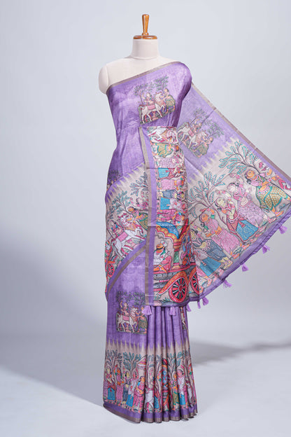Lavender kalamkari style pattachitra storytelling motifs tussar saree with self border and matching blouse