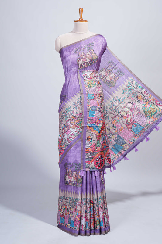Lavender kalamkari style pattachitra storytelling motifs tussar saree with self border and matching blouse