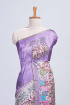 Lavender kalamkari style pattachitra storytelling motifs tussar saree with self border and matching blouse