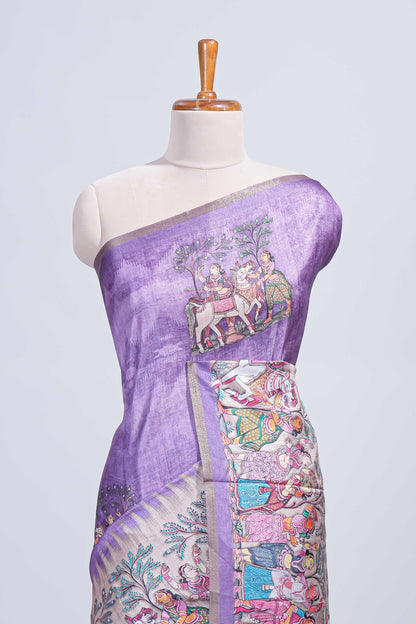Lavender kalamkari style pattachitra storytelling motifs tussar saree with self border and matching blouse