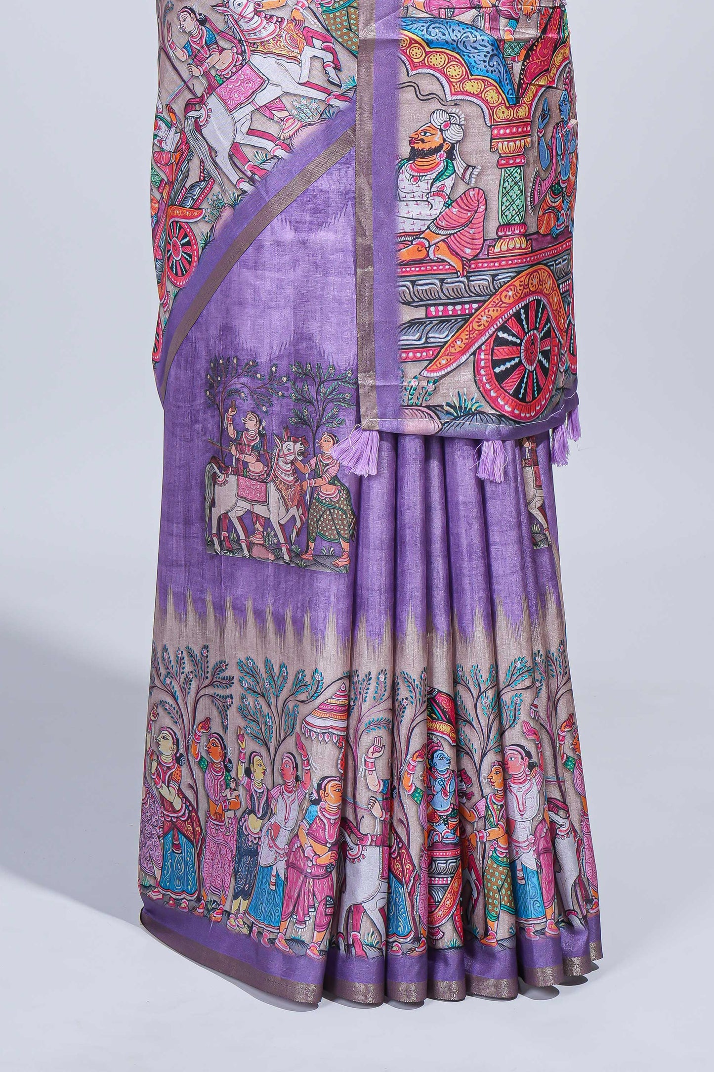 Lavender kalamkari style pattachitra storytelling motifs tussar saree with self border and matching blouse