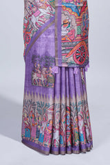 Lavender kalamkari style pattachitra storytelling motifs tussar saree with self border and matching blouse