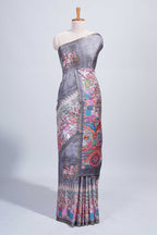 Grey kalamkari style pattachitra storytelling motifs tussar saree with self border and matching blouse