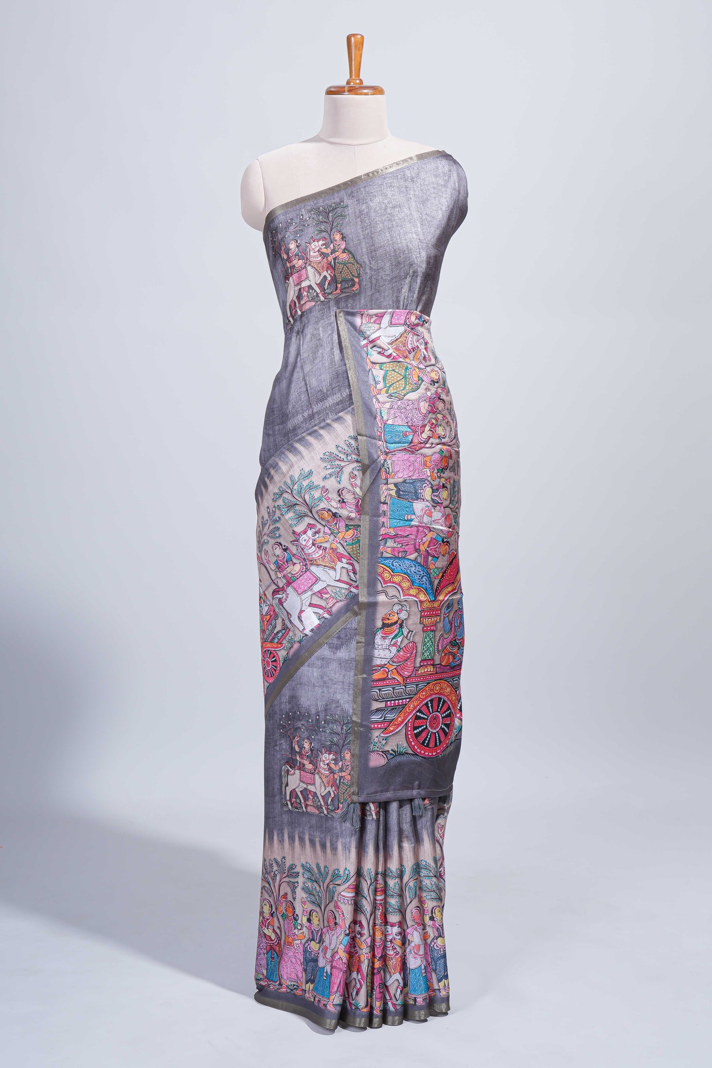 Grey kalamkari style pattachitra storytelling motifs tussar saree with self border and matching blouse