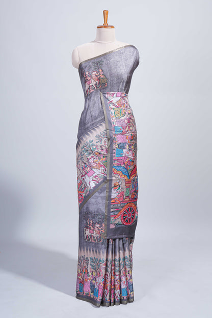 Grey kalamkari style pattachitra storytelling motifs tussar saree with self border and matching blouse
