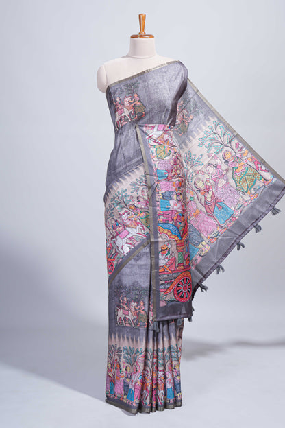 Grey kalamkari style pattachitra storytelling motifs tussar saree with self border and matching blouse