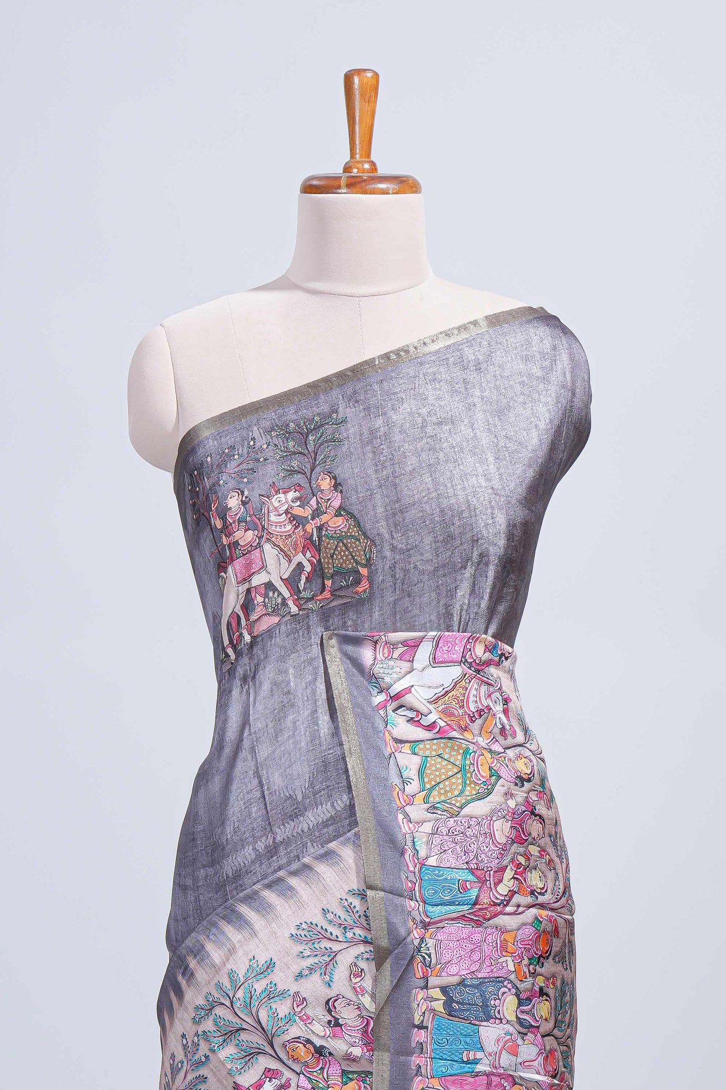Grey kalamkari style pattachitra storytelling motifs tussar saree with self border and matching blouse