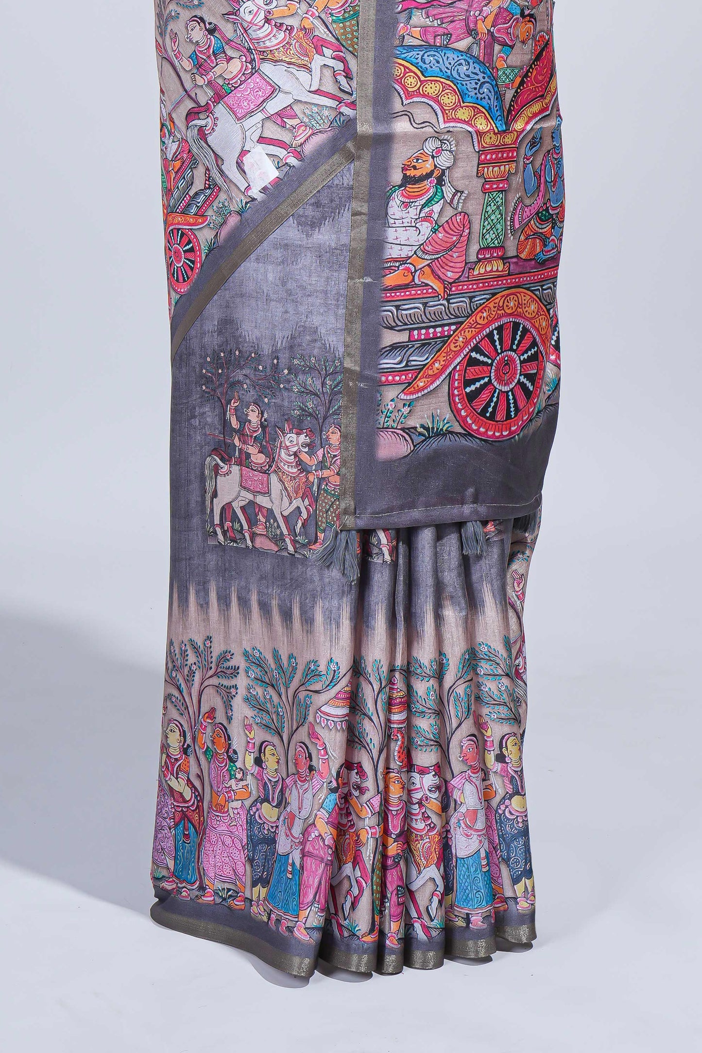 Grey kalamkari style pattachitra storytelling motifs tussar saree with self border and matching blouse