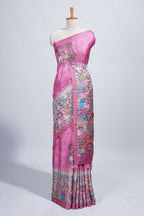 Pink kalamkari style pattachitra storytelling motifs tussar saree with self border and matching blouse