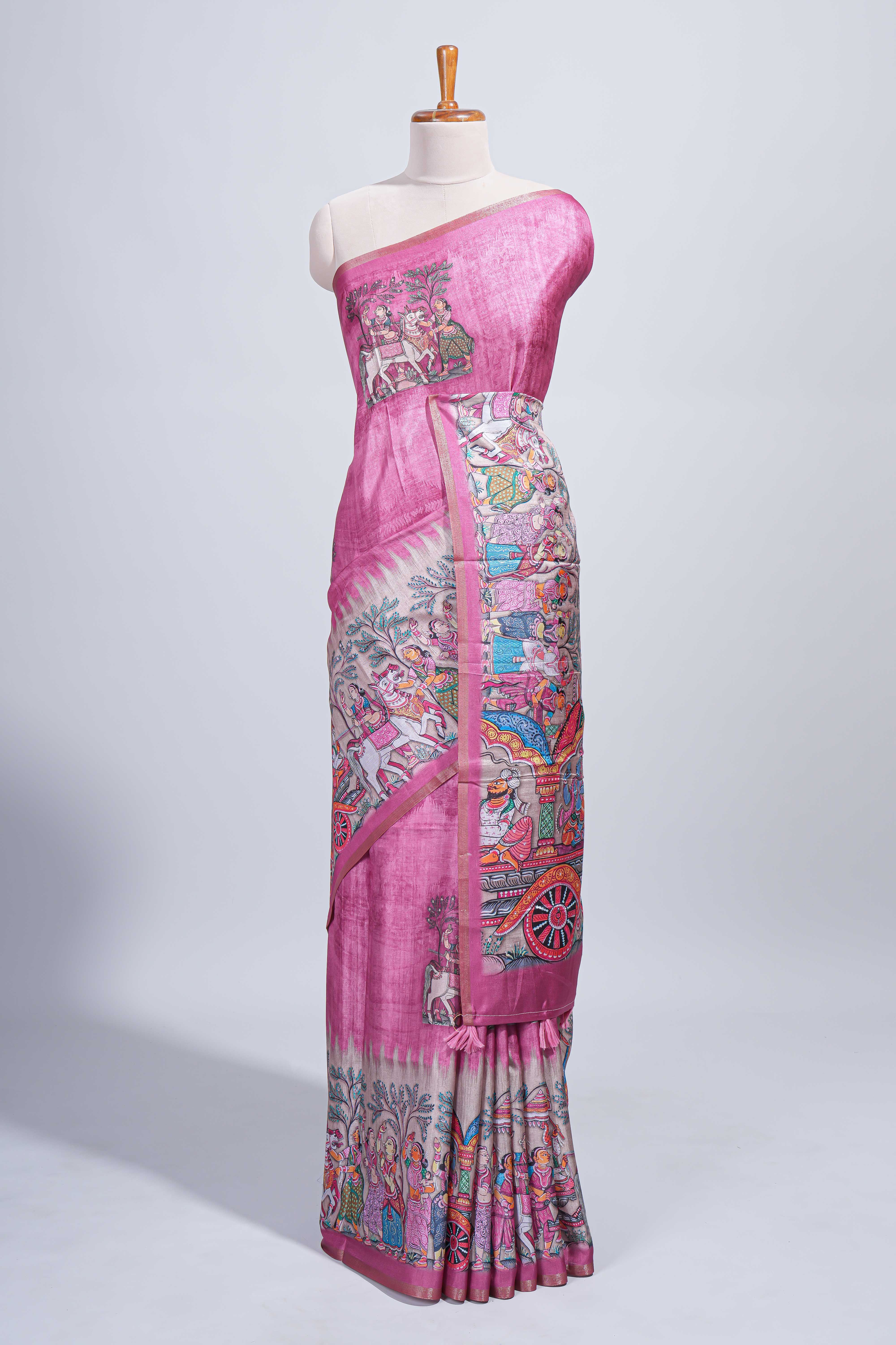 Pink kalamkari style pattachitra storytelling motifs tussar saree with self border and matching blouse