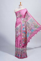 Pink kalamkari style pattachitra storytelling motifs tussar saree with self border and matching blouse