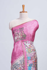 Pink kalamkari style pattachitra storytelling motifs tussar saree with self border and matching blouse