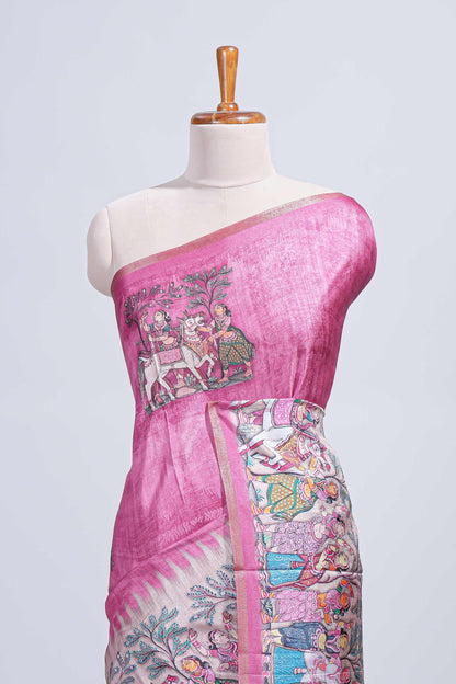 Pink kalamkari style pattachitra storytelling motifs tussar saree with self border and matching blouse