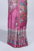 Pink kalamkari style pattachitra storytelling motifs tussar saree with self border and matching blouse