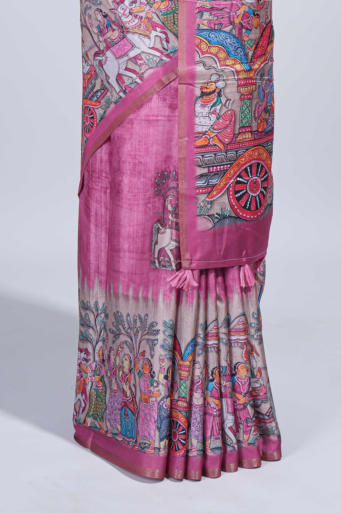 Pink kalamkari style pattachitra storytelling motifs tussar saree with self border and matching blouse