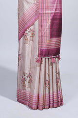 Beige floral & cage print motifs tussar saree with contrast border and blouse