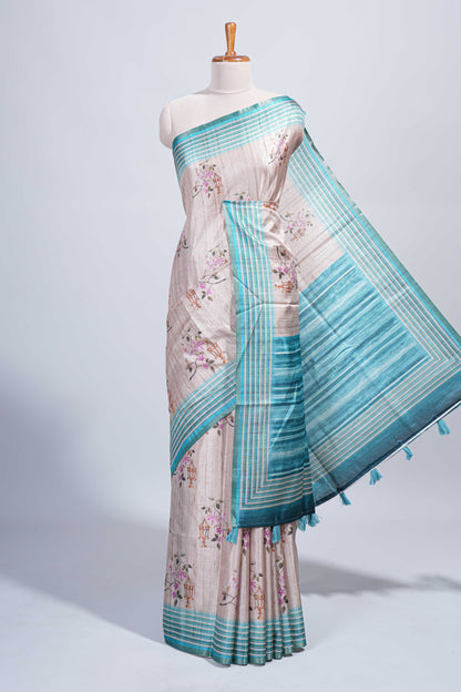 Beige floral & cage print motifs tussar saree with contrast border and blouse