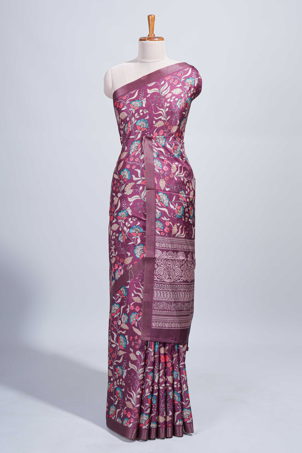 Maroon floral design tussar saree with self zari border and matching blouse