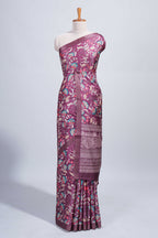 Maroon floral design tussar saree with self zari border and matching blouse