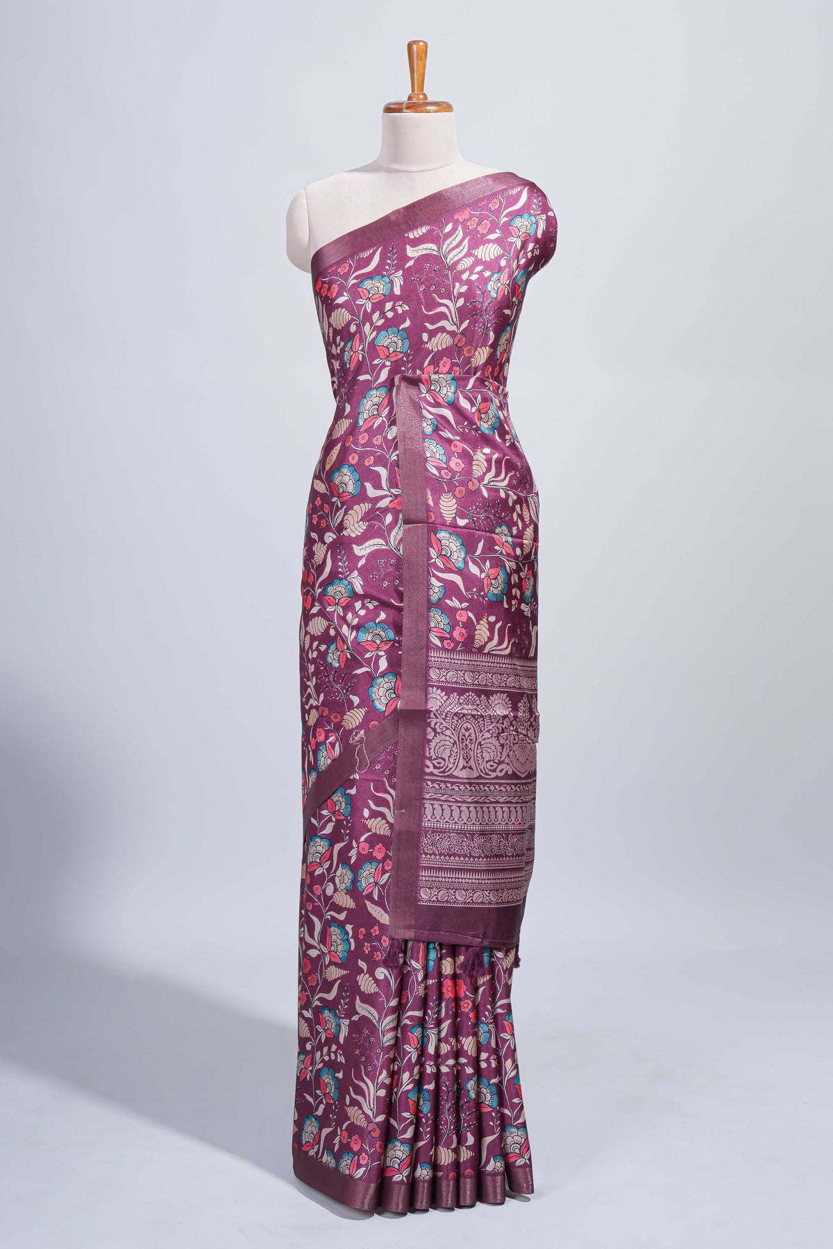 Maroon floral design tussar saree with self zari border and matching blouse