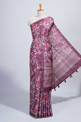 Maroon floral design tussar saree with self zari border and matching blouse
