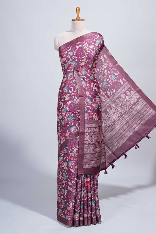 Maroon floral design tussar saree with self zari border and matching blouse