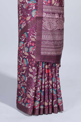 Maroon floral design tussar saree with self zari border and matching blouse