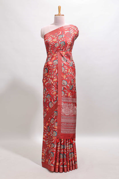 Red floral design tussar saree with self zari border and matching blouse