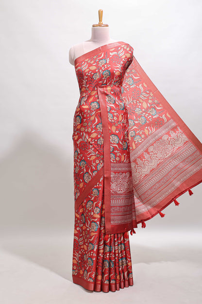 Red floral design tussar saree with self zari border and matching blouse