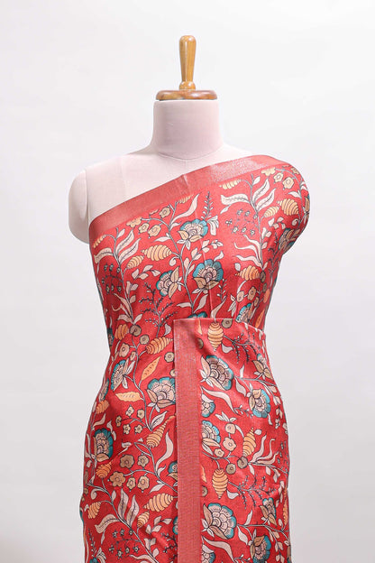 Red floral design tussar saree with self zari border and matching blouse