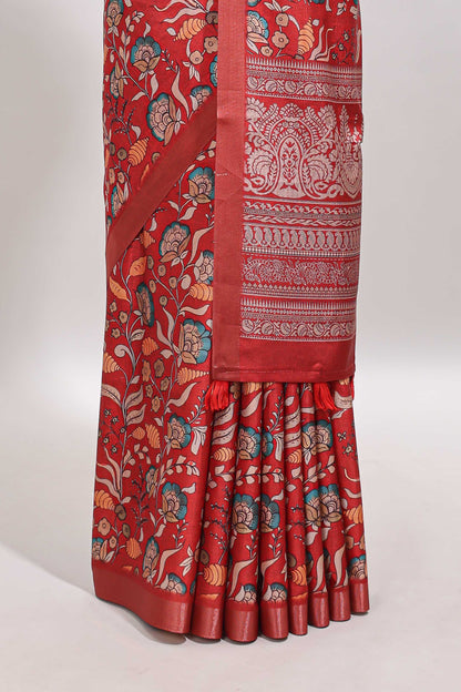 Red floral design tussar saree with self zari border and matching blouse