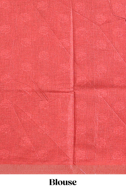 Red floral design tussar saree with self zari border and matching blouse