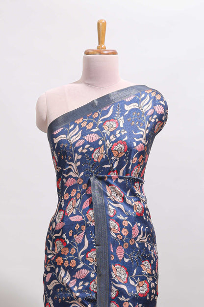 Blue floral design tussar saree with self zari border and matching blouse