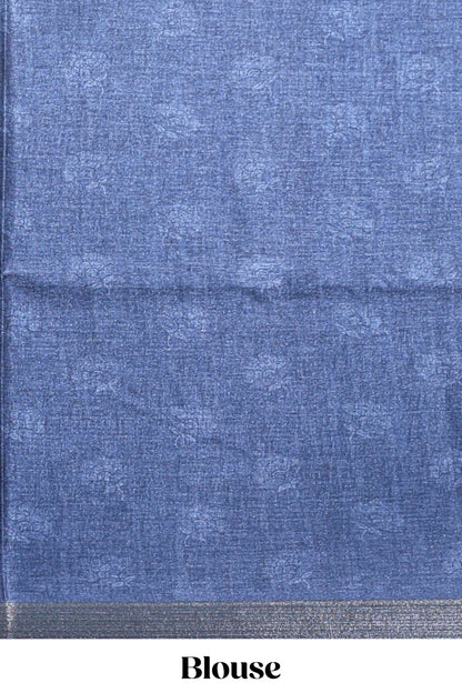 Blue floral design tussar saree with self zari border and matching blouse