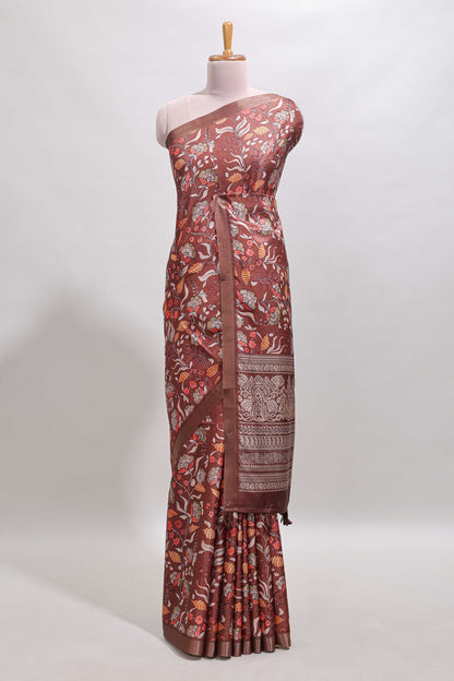 Brown floral design tussar saree with self zari border and matching blouse
