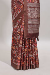 Brown floral design tussar saree with self zari border and matching blouse