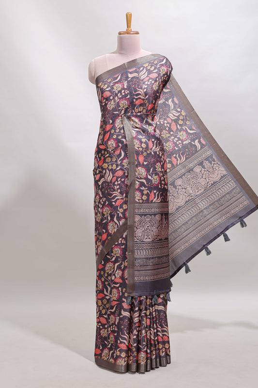 Grey floral design tussar saree with self zari border and matching blouse