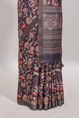Grey floral design tussar saree with self zari border and matching blouse