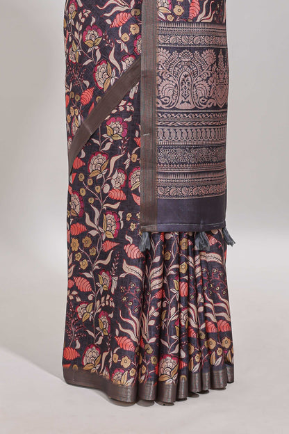 Grey floral design tussar saree with self zari border and matching blouse