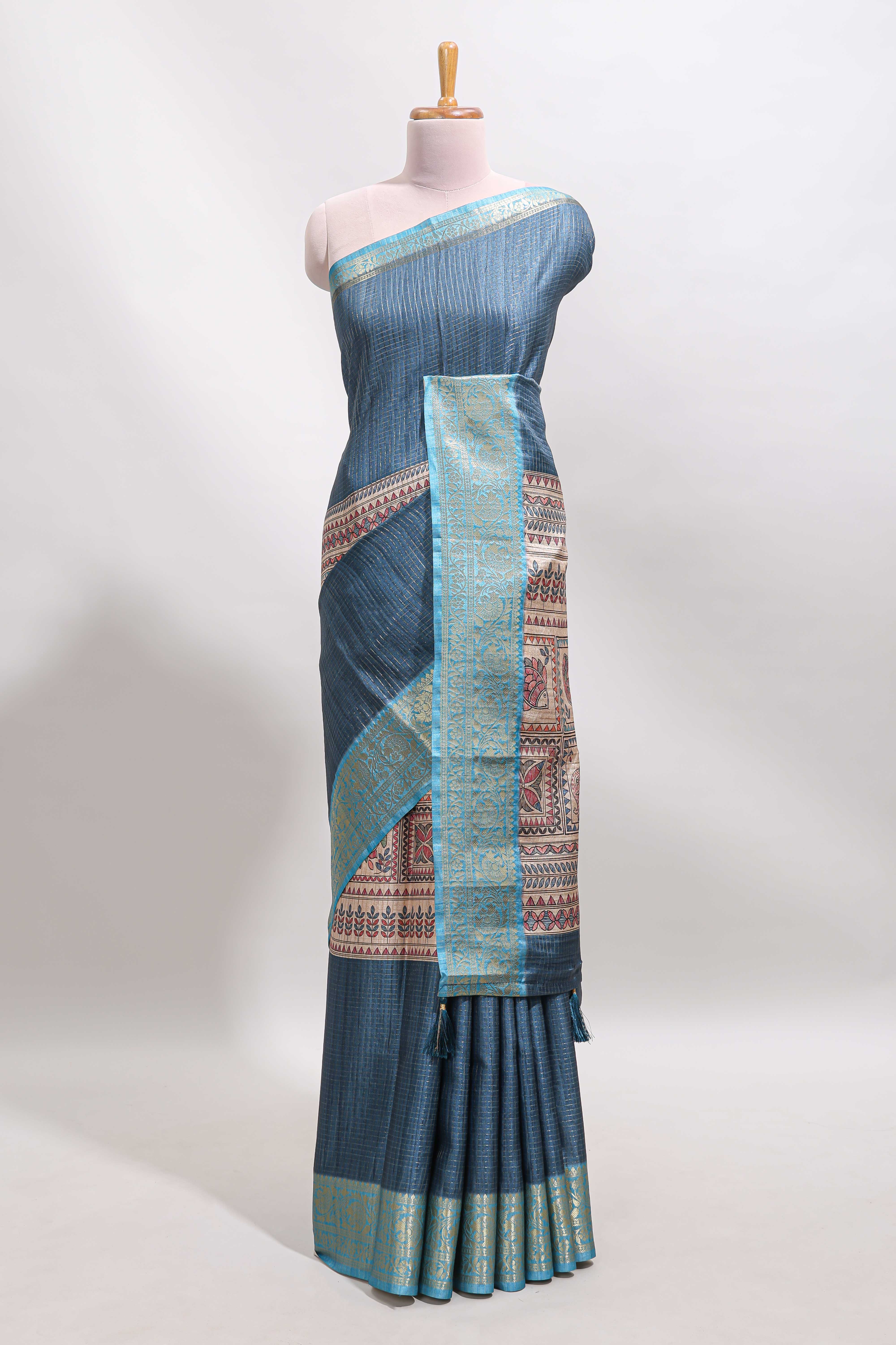 Blue checked madhubani style tussar saree with contrast zari border and matching blouse