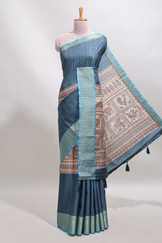 Blue checked madhubani style tussar saree with contrast zari border and matching blouse